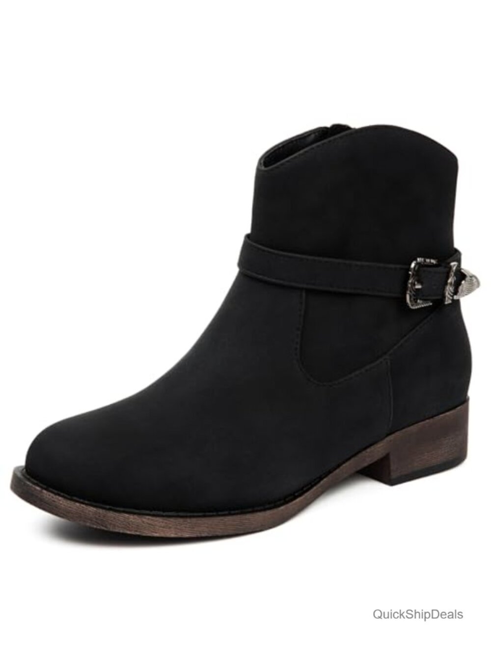 Faux Leather Ankle Boots with Low Chunky Heel & Side Zipper